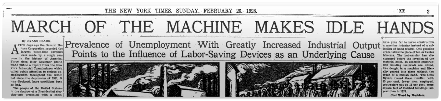 مقال نيويورك تايمز من عام 1928 يعزو الآلات إلى زيادة البطالة والإنتاج الصناعي